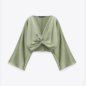 Zara Green Satin Bell Sleeve Crop Blouse with Tie Front